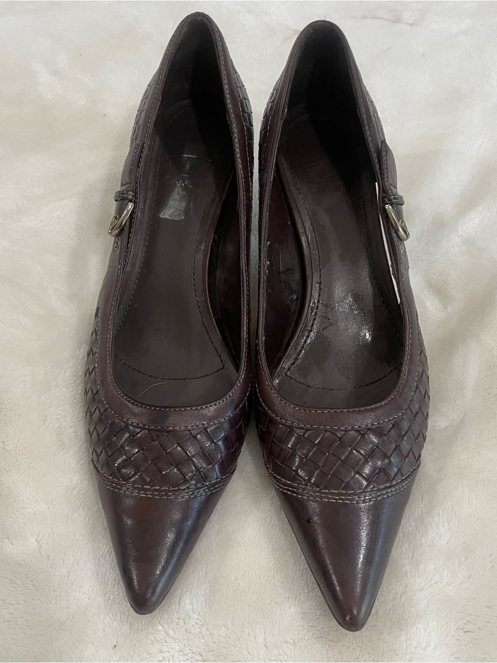 Circa Joan & David Woven Brown Leather Gold Buckle Witchy Kitten-Heel Pumps